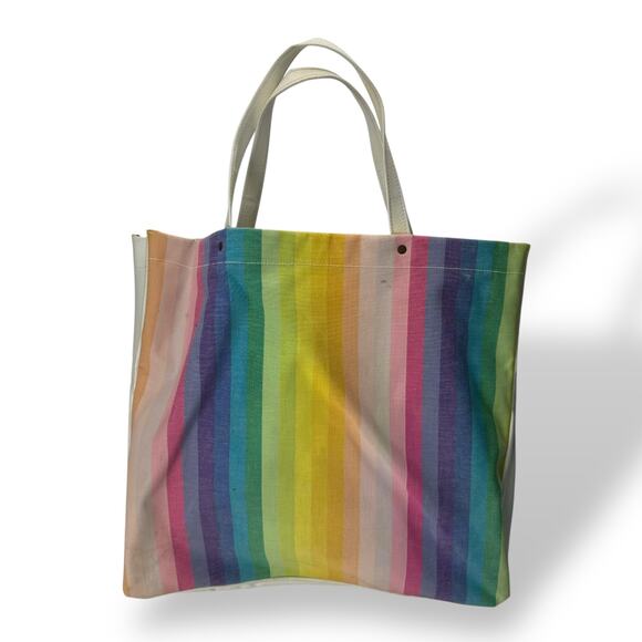 VINTAGE 80S RAINBOW FAUX LEATHER AND CANVAS TOTE BAG - Picture 1 of 4